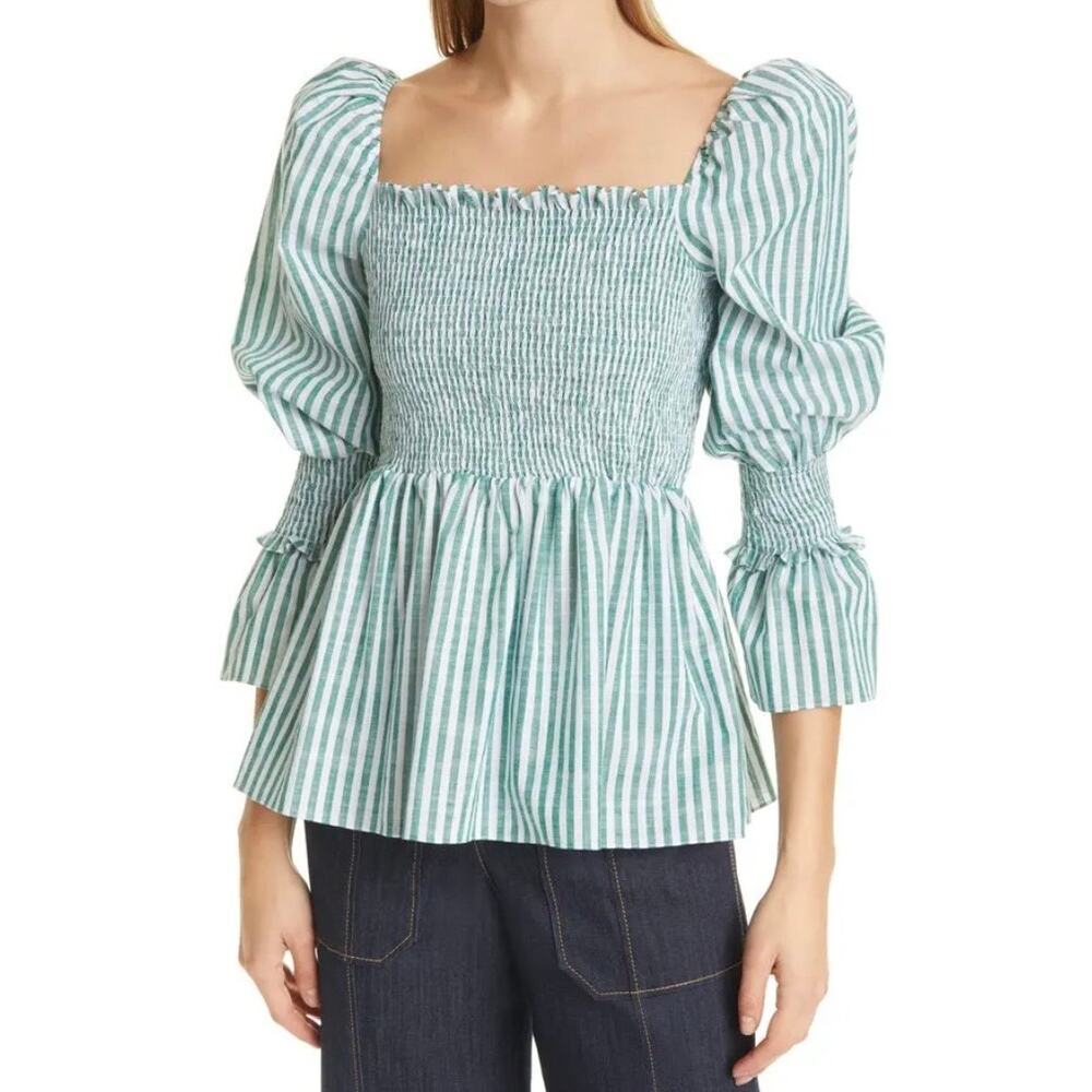 CINQ À SEPT Adly Stripe Smocked Top